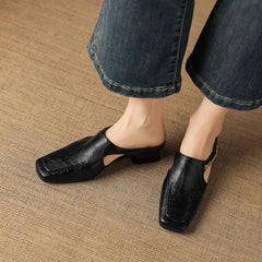 Faux Leather Cutout Chain-Detail Low-Heel Mules