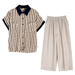 Short-Sleeve Shadow Stripe Shirt / High Waist Wide Leg Pants / Set