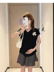 Maternity Cap Sleeve V-Neck Plain T-Shirt / Elastic Waist Plain Mini A-Line Skort