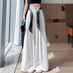 Set: High Waist Plain Wide Leg Pants + Scarf
