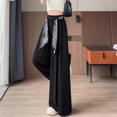 Set: High Waist Plain Wide Leg Pants + Scarf