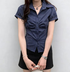 Short Sleeve Striped Ruched Slim-Fit Shirt