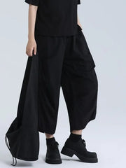 Elastic Waist Plain Cropped Wide Leg Pants