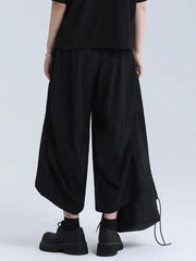 Elastic Waist Plain Cropped Wide Leg Pants