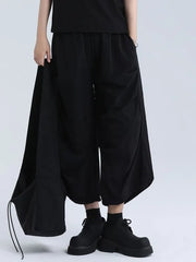 Elastic Waist Plain Cropped Wide Leg Pants