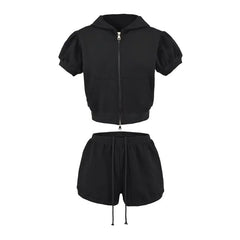 Short-Sleeve Zip-Up Plain Crop Hoodie / Drawstring Waist Hot Pants