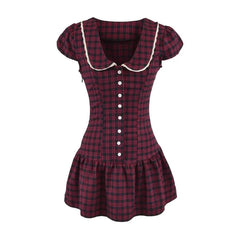 Short-Sleeve Peter Pan Collar Plaid Lace Trim Half-Buttoned Mini A-Line Dress