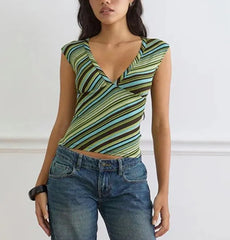 V-Neck Striped Color-Block Slim-Fit Crop Tank Top
