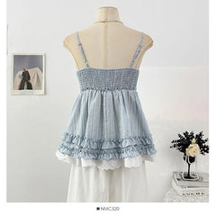Barcode Striped Ruffle Lace Trim Flowy Camisole Top