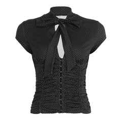 Short Sleeve Tie Collar Dotted Ruched Corset Crop Top