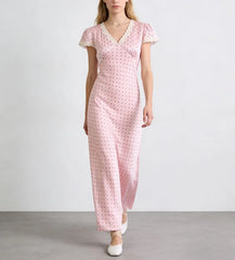 Cap Sleeve V-Neck Lace-Trim Polka Dot Maxi Pencil Dress