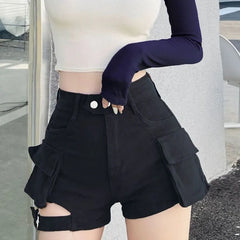 Mid Waist Cutout Denim Hot Pants