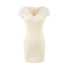 Short-Sleeve V-Neck Lace Mini Sheath Dress