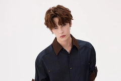 Elbow-Sleeve Contrast Collar Button-Up Shirt