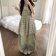 Spaghetti Strap Scoop Neck Plaid Frill Trim A-Line Dress