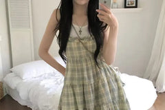 Spaghetti Strap Scoop Neck Plaid Frill Trim A-Line Dress