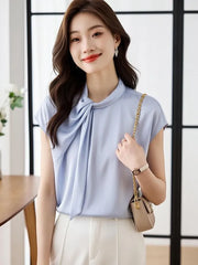 Cap-Sleeve Tie Neck Plain Blouse