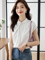 Cap-Sleeve Tie Neck Plain Blouse
