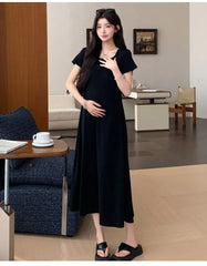 Maternity Short-Sleeve Scoop Neck Plain Midi Smock Dress