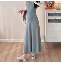 Maternity Short-Sleeve Crew Neck Plain Maxi T-Shirt Dress