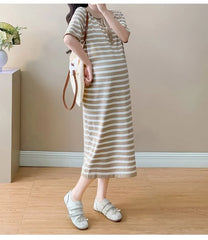 Maternity Short-Sleeve Collar Striped Midi T-Shirt Dress