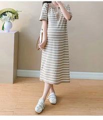 Maternity Short-Sleeve Collar Striped Midi T-Shirt Dress