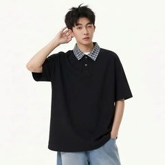 Mock Two-Piece Elbow-Sleeve Plaid Collar Polo Shirt