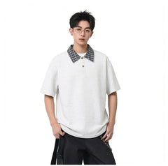 Mock Two-Piece Elbow-Sleeve Plaid Collar Polo Shirt