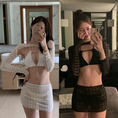 Set: Halter Plain Lace Bikini Top + Bottom + Long Sleeve Shrug + Cover Up Skirt