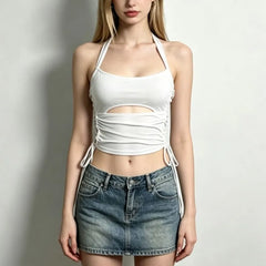 Halter Neck Plain Cut-Out Side Drawstring Slim-Fit Crop Camisole Top