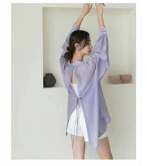 Long-Sleeve Collared Plain Backless Button Up Shirt