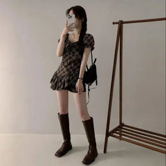Short-Sleeve Square Neck Plaid Ruffle Trim Asymmetrical Top