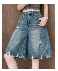 Mid Rise Washed Distressed Wide Leg Jorts