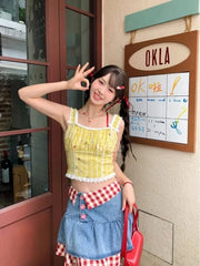High Waist Gingham Panel Button Fly Denim Mini A-Line Skirt