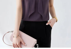 Short-Sleeve Tie-Neck Plain Blouse
