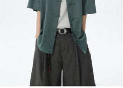 Short Sleeve Collared Plain Frog Closure Shirt