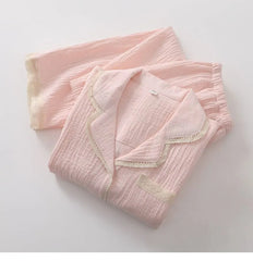 Pajama Set: Long-Sleeve Lapel Collar Lace Trim Button-Up Top + Pants