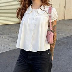Short-Sleeve Peter Pan Collar Double Breasted Plain Crop Blouse