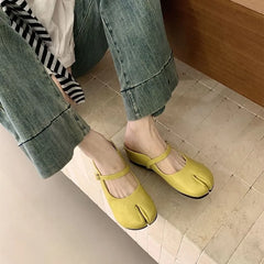 Hidden Wedge Split Toe Plain Faux Leather Mary Jane Mules