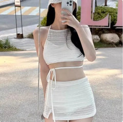 Set: Plain Tie Back Tankini Top + Slit Swim Skirt