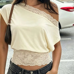 Short Sleeve Cold Shoulder Lace-Trim Plain Slim-Fit Crop Top