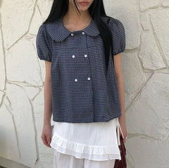 Short Sleeve Collared Plaid Double Breasted Blouse
