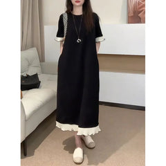 Short Sleeve Round Neck Two Tone Ruffle Midi A-Line Dress