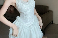 Spaghetti Strap V-Neck Plain Lace Ruffle Trim Mini A-Line Dress