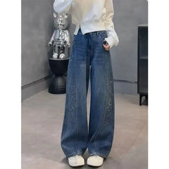Mid Rise Washed Rhinestone Barrel Leg Jeans