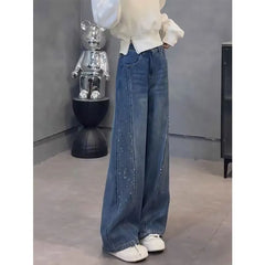 Mid Rise Washed Rhinestone Barrel Leg Jeans