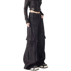 Mid Rise Washed Baggy Cargo Jeans