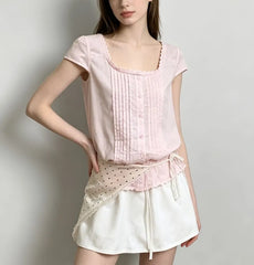 Cap Sleeve Square-Neck Lace-Trim Plain Pleated Slim-Fit Blouse