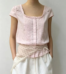 Cap Sleeve Square-Neck Lace-Trim Plain Pleated Slim-Fit Blouse