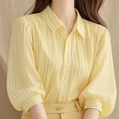 3/4-Sleeve Collared Striped Button-Up Blouse